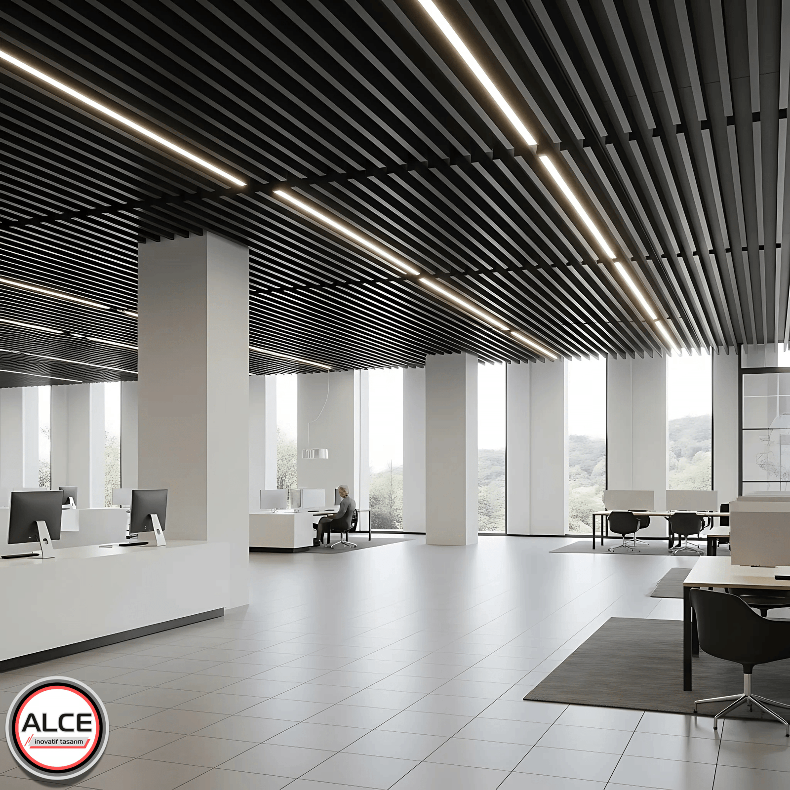 Ticari ve çalışma alanlarında tercih edilen bu mat siyah metal baffle asma tavan uygulaması, lineer LED aydınlatma ile modern ofis ortamında prestijli ve fonksiyonel bir atmosfer oluşturur – Alce İnovatif Tasarım